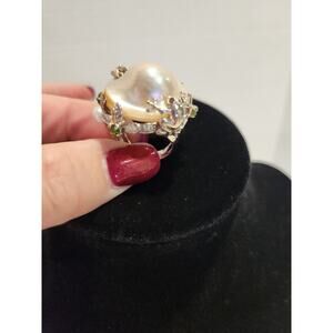 CHAPAL ZENRAY Sterling Silver Cocktail Ring Blister Pearl w Frogs Peridot Garnet